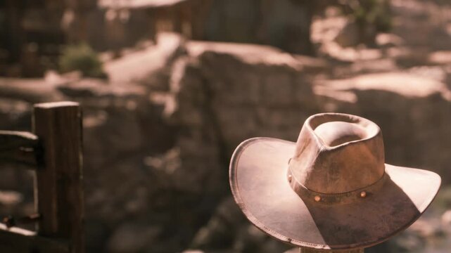 A cowboy hat sits on a wooden post with a rocky desert landscape in the background. The sunset casts warm light, creating a serene setting. This scene captures a moment in nature with rustic charm.