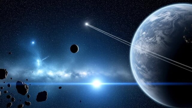 Cosmic space scene with planet and asteroid field