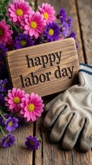 Naklejka premium Wooden sign says happy labor day near work gloves and pink purple flowers on aged wood. Autumnal still life celebrates workers, garden, and holiday joy.