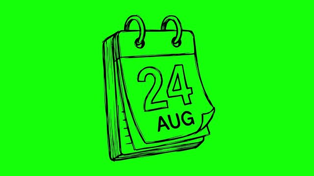 hand drawn calendar icon animation featuring black fills and a green screen background. Includes line boil effect and stop motion look for video editing projects