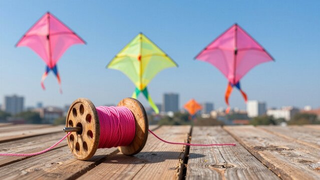 Vibrant kites dance in clear blue skies during Uttarayan festival, with a wooden spool of pink string resting on weathered wood.