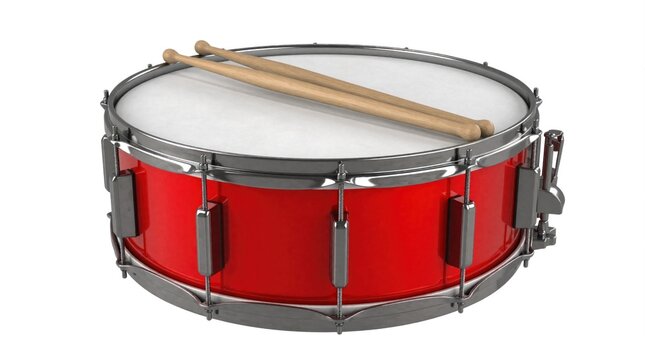 Red parade snare drum with wooden drumsticks isolated on white background. Glossy musical percussion instrument for marching band circus show. 3D render of rhythmic drum equipment for music