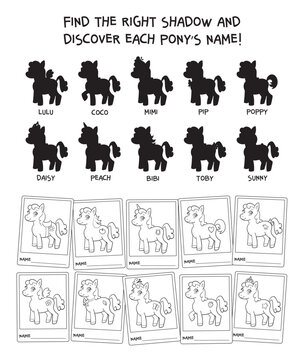 Educational pony coloring page for children. Match each pony to its shadow and write its name to practice visual perception, observation, attention, handwriting, and logical thinking. Coloring book