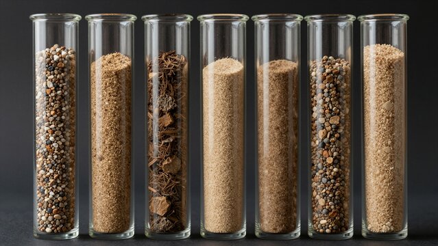Seven glass tubes display diverse geological soil samples with varying textures and particle sizes against a dark background.