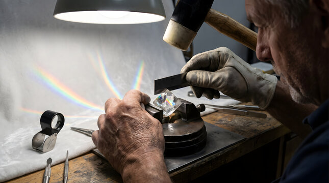 Master diamond cutter placing cleaving blade on large rough diamond in dopping vice, rainbow light refraction, precision luxury gemology.
