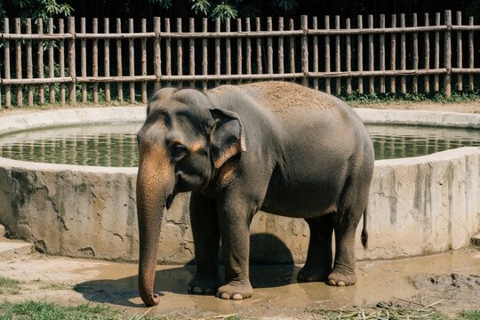 Large elephant stands in muddy zoo enclosure near water pool. Wrinkled grey pachyderm with big ears and trunk looks calm. Wood fence backdrop.