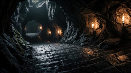 Fototapeta premium Stone stairs descend into a dark cave illuminated by flickering torches. Moss grows on rocky walls, hinting at ancient passages and hidden depths. Explore the mysterious underground.