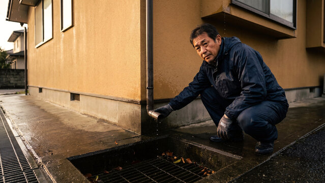 雨上がりに縦樋の排水口をしゃがんで確認する雨具姿の男性