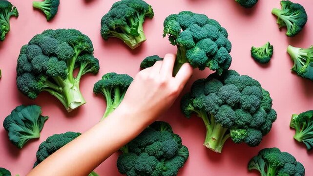 Flat lay pattern of ripe broccoli vegetable, top view summer organic fresh background AI Generative
