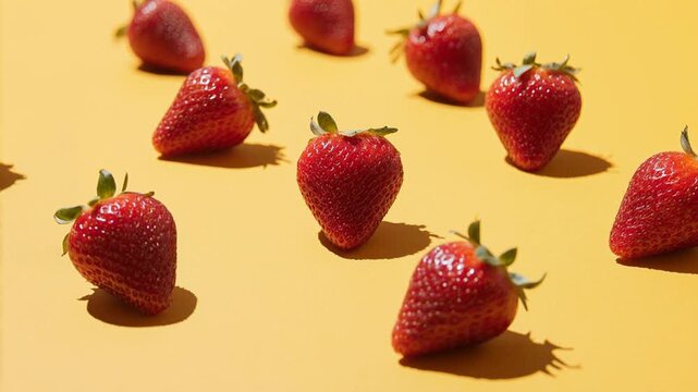 Flat lay pattern of ripe strawberry fruit, top view on summer organic fresh background AI Generative