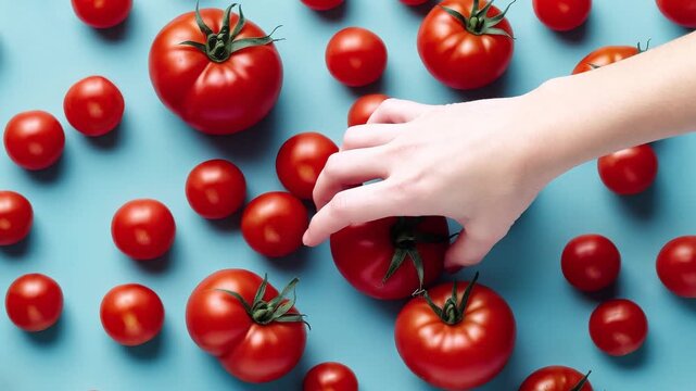 Flat lay pattern of ripe tomato vegetable, top view on summer organic fresh background AI Generative