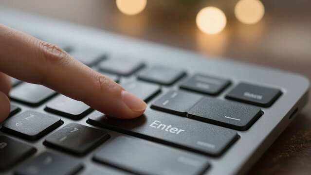 A close-up shot of a finger pressing the enter key on a sleek laptop keyboard with warm bokeh lights in background.