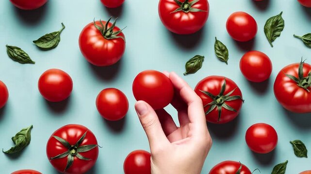 Flat lay pattern of ripe tomato vegetable, top view on summer organic fresh background AI Generative