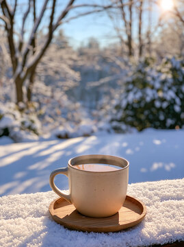 close up of a hot coffee on a bench on a snowy day, coffee in a snowy night, hot drinks in cold water, caffeine in the morning