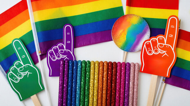 Rainbow flags and colorful foam hands arranged together. Glittery sticks in rainbow colors and circular fan also feature. Celebration items for pride.
