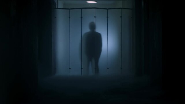 Human silhouette standing behind bluelit restroom partitions in a dark interior