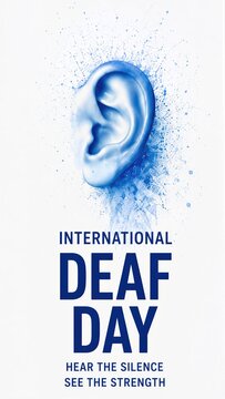 International Deaf Day poster with blue human ear and watercolor splash. Hearing awareness and deafness concept. Hear the silence see the strength motto for auditory health event.
