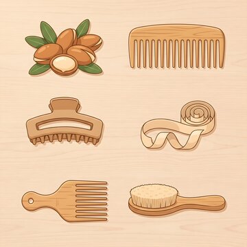 Wooden hair care set, argan oil nuts, natural beauty tools and accessories
