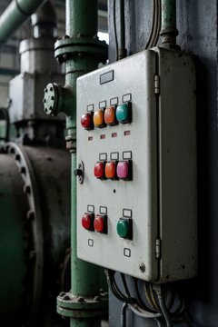 Close up on industrial electrical control panel with multiple colorful buttons and switches. Machine unit with pipes visible in background. Heavy industry machinery detail.