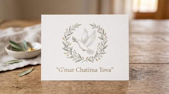 Yom kippur greeting card with g'mar chatima tova text, white dove and olive branches on ivory background with gold accents