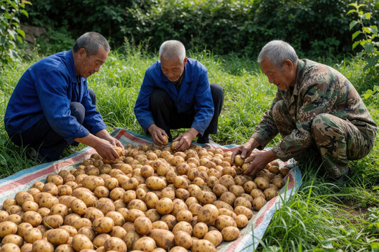 Three Asian men kneel on a tarp selecting fresh potatoes from a large garden harvest. They sort tubers together in the sunlit countryside farm.