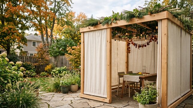 Modern wooden sukkah with open roof covered in fresh green schach, cream fabric walls in residential backyard, sukkot celebration space