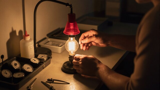 A person carefully handles film in a dimly lit analog darkroom illuminated by a red lamp, surrounded by vintage tools and gauges.