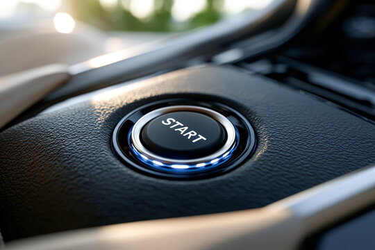 Close up of a modern black car engine start stop button with a glowing blue led light ring on a premium textured leather panel inside a luxury vehicle