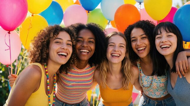 Diverse group of happy women celebrate birthday together. Multicultural female friends smile, laugh holding colorful balloons at outdoor festive party. Joyful young ladies enjoy summer holiday event