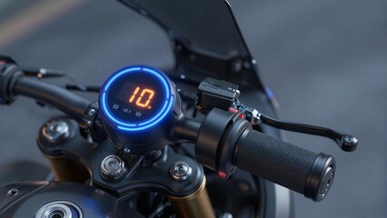 Fototapeta premium Close-up of a futuristic motorcycle dashboard with glowing digital display and smart engine valve indicators.