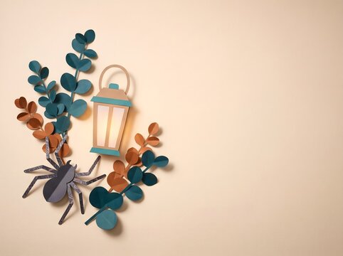 Papercraft Halloween spider, glowing lantern with eucalyptus, autumn decor