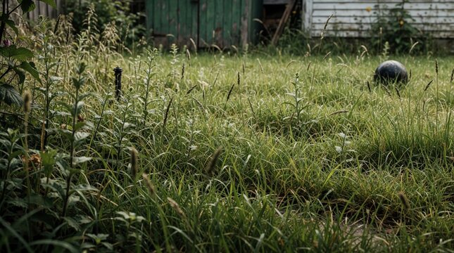Overgrown garden with tall weeds and grass. Abandoned yard features a dark ball. Old shed and house in background show neglect. Overgrowth covers the landscape.