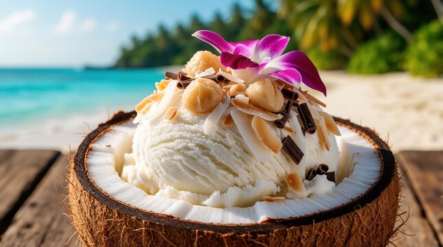 Scoop of coconut ice cream served in fresh coconut shell on tropical beach. Garnished with nuts, flakes, chocolate, orchid, with ocean view.