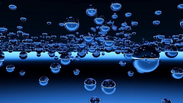 Blue water bubbles suspended in dark liquid with glowing reflections and layered depth