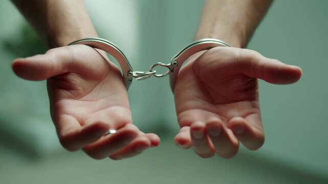 Clenched hands in handcuffs held forward against a plain green background