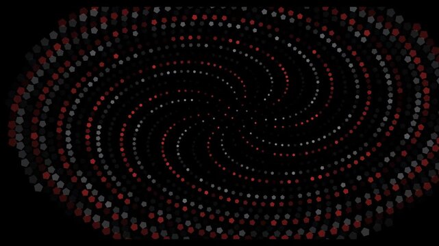 Red and grey geometric spiral motion background, with rotating pentagons