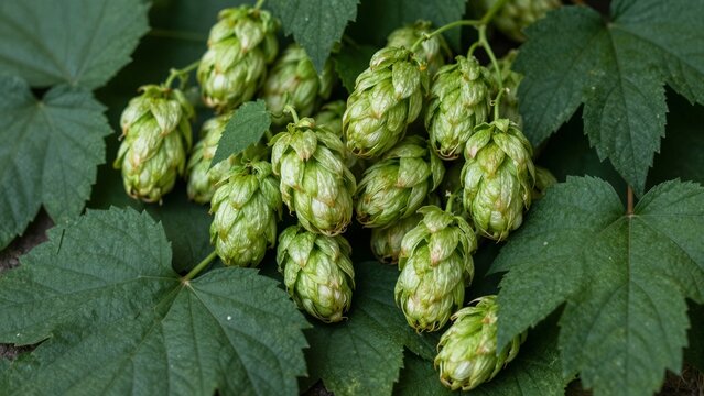 Close-up of vibrant green hop cones nestled within large, textured foliage under natural light.