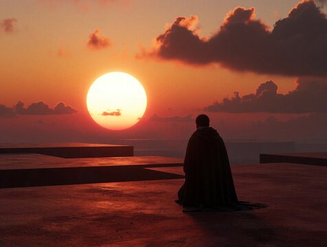 Solitary figure in cloak gazes at large sun during sunset over planet surface. Red orange clouds form dramatic sky. Abstract geometric platforms suggest alien world.