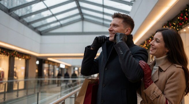 Couple walking with Christmas shopping bags in a bright indoor mall atrium, smiling warmly against a festive backdrop.