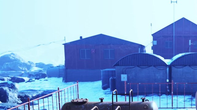 A research station is visible by the sea on a cold day. The buildings are near rocky terrain with snow covering the ground. Vehicles and equipment are seen around the area.