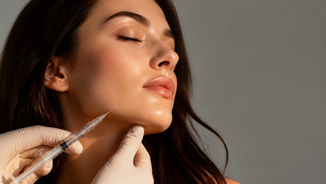 Woman receiving cosmetic injection near chin and jawline from gloved practitioner during aesthetic treatment session