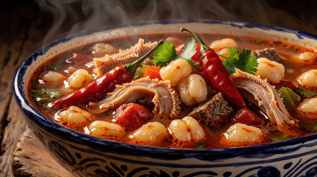 Close up of steaming menudo soup bowl with tripe and hominy. Spicy red chilies float in rich broth with parsley garnish. Traditional Mexican food.
