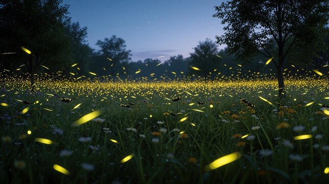 Swarm of fireflies glow in lush green meadow at dusk. Insects fly over wildflowers under starry night sky. Magical natural illumination creates dreamy landscape background.