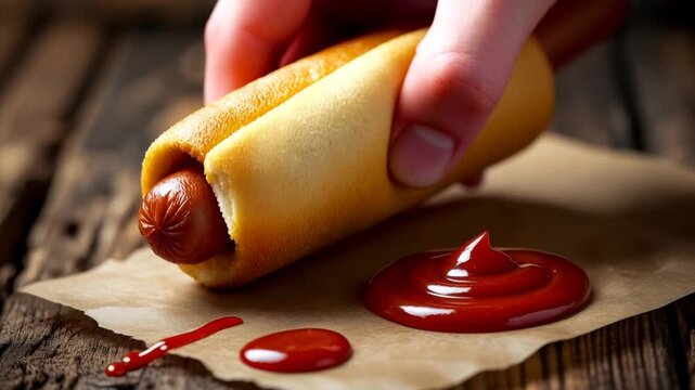 Corn dog sausage on stick, covered with thick layer of cornmeal dough and deep fried AI Generative