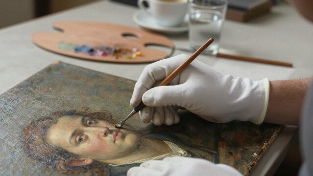 A conservator meticulously restores a damaged portrait painting using fine tools and careful brushwork in a quiet studio setting.