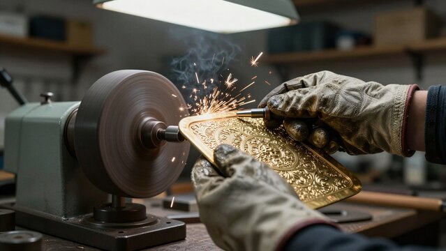 Skilled artisan uses grinding wheel to polish intricate brass plate, sparks fly as metalwork transforms under expert hands in workshop.
