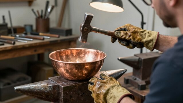 A skilled artisan hammers a glowing copper bowl on anvil in workshop, steam rising as metal transforms under precise handwork.