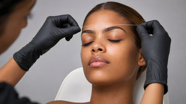 technicians threading eyebrow hair with white thread stretched across woman face during salon treatment session