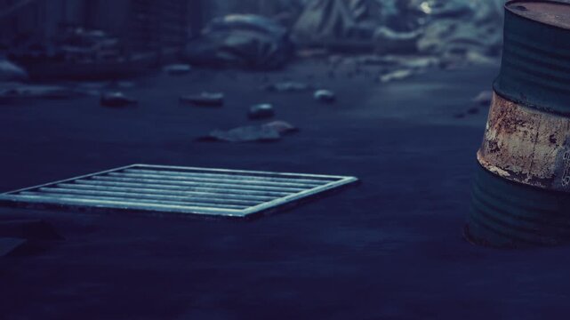 A view of an urban area filled with trash and debris. A metal grate is visible on the ground next to a rusty barrel. Discarded items scatter across the surface in daylight.