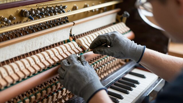 Skilled technician uses precision tools to adjust piano hammers and strings for optimal sound quality during voicing process.